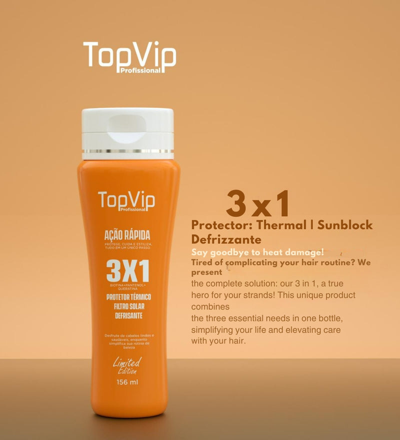 Top Vip Cosmetics 3 em 1 Protetor Térmico, Bloqueador Solar, Defrizzante/5 oz