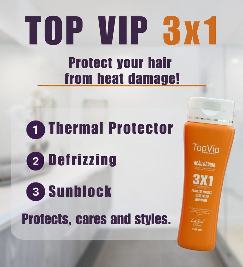 Top Vip Cosmetics 3 em 1 Protetor Térmico, Bloqueador Solar, Defrizzante/5 oz