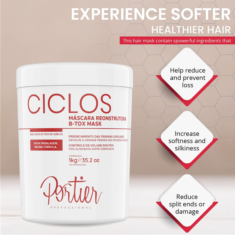 Close-up of Portier Ciclos Btox Mask texture and color, designed for deep hydration and capillary sealing