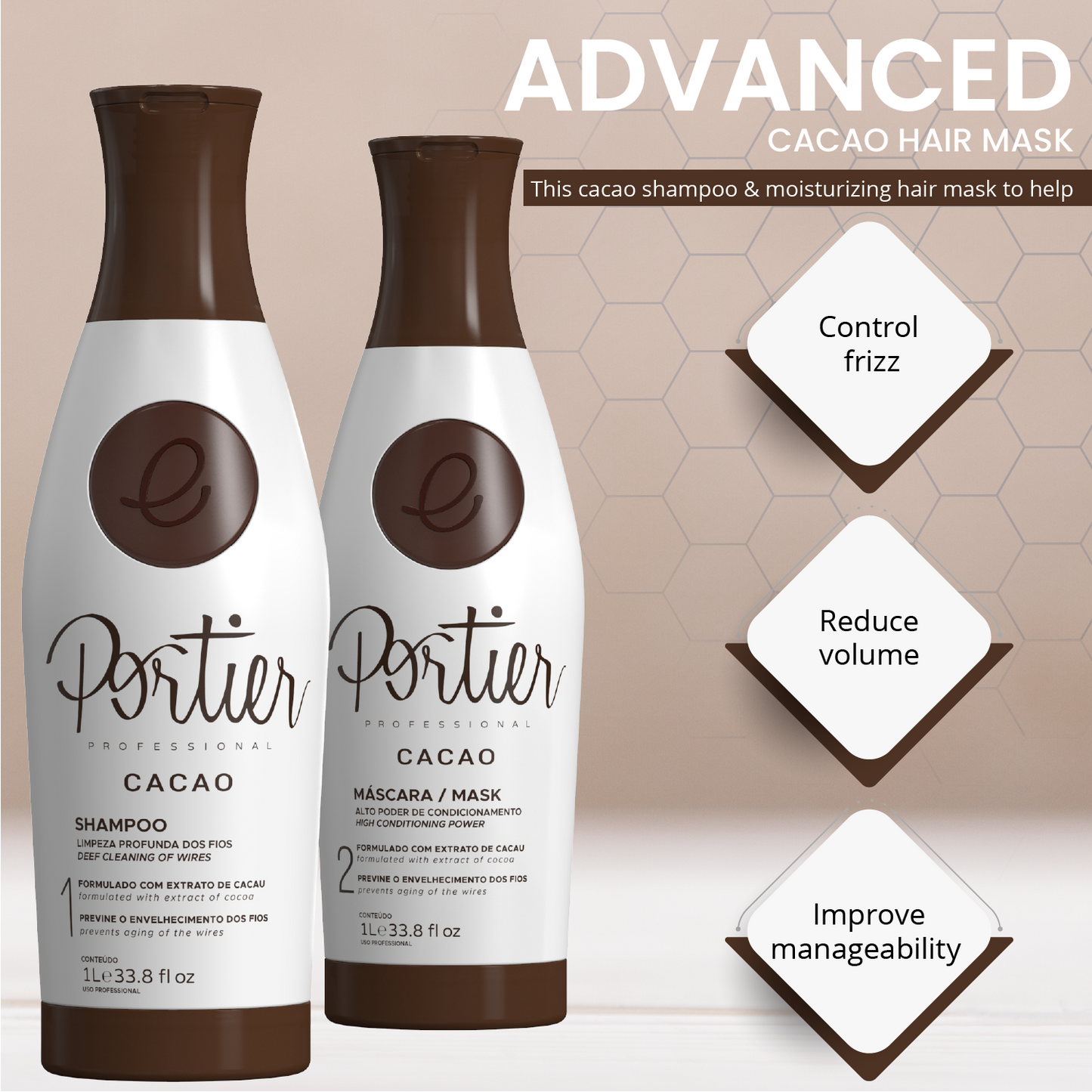 Portier Cacao Pincel Progresivo Suave y Luminoso 1000ml - Portier | Tratamiento de Queratina Brasileña | Cepillo progresivo | Sistema Alisador Alisado 